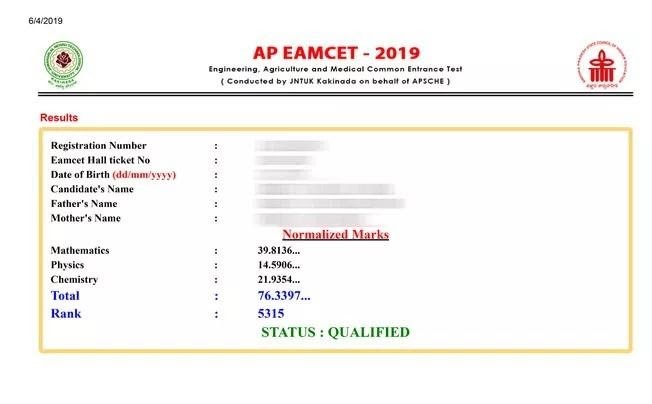 The image given below illustrates the details furnished on AP EAMCET score card result